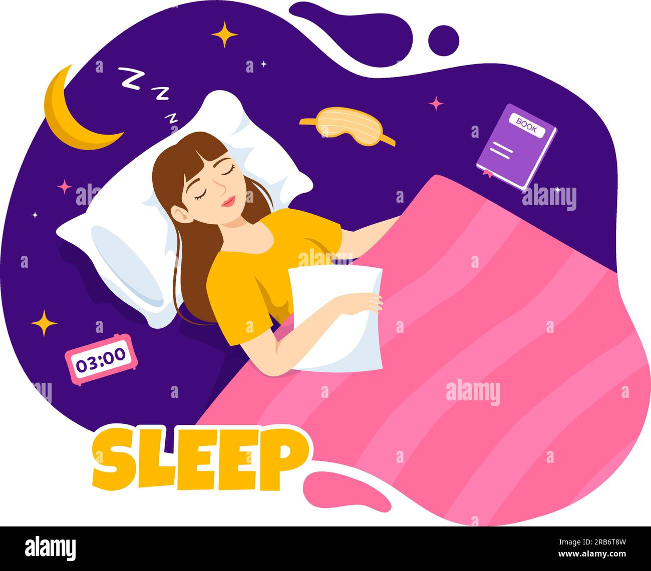 La ilustración del vector del sueño con la persona joven feliz está dormida rápidamente y teniendo un sueño dulce en plantillas de la noche del fondo dibujado a mano de la atención sanitaria Ilustración del Vector