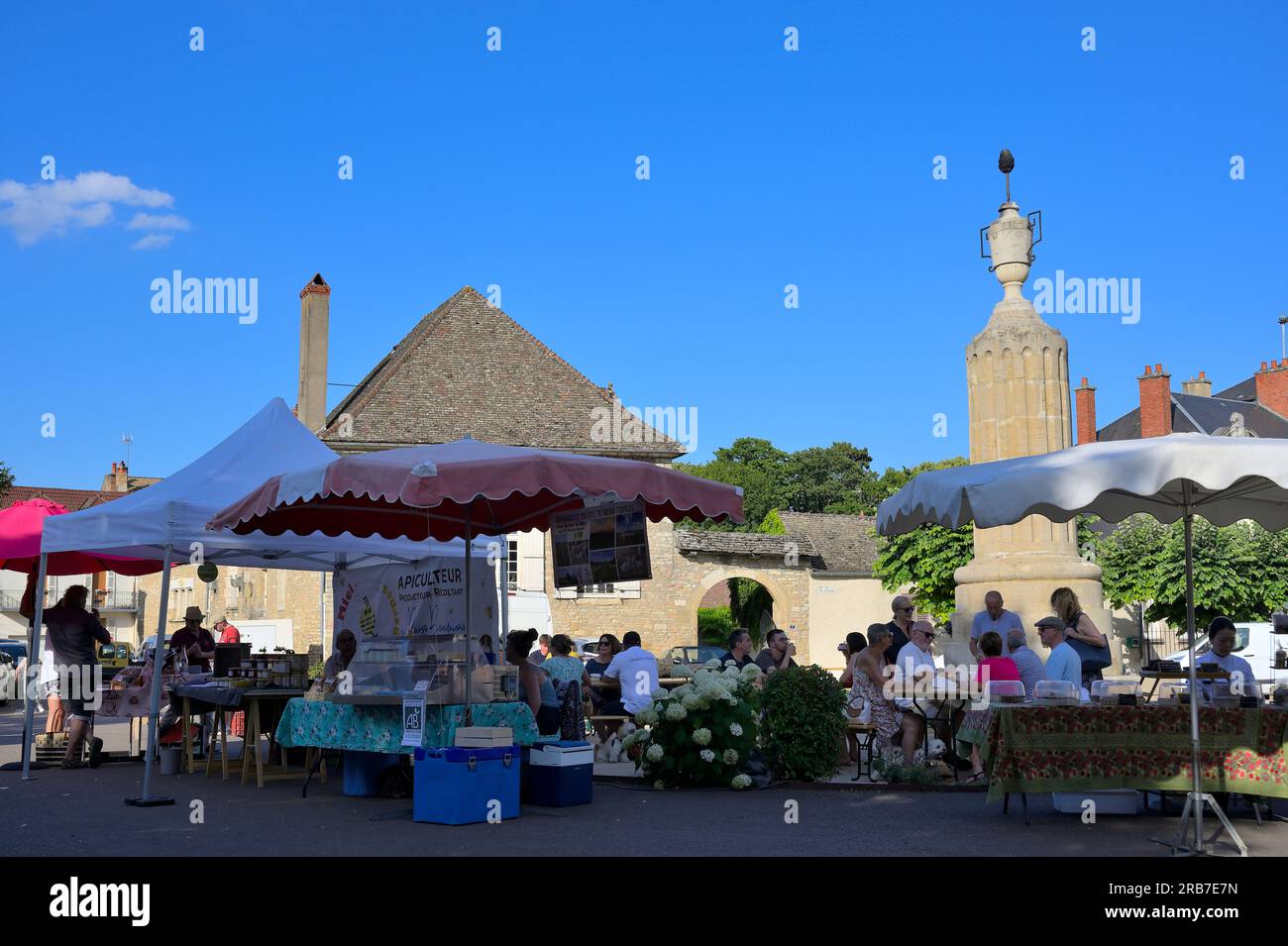 Una vez al mes durante el verano hay una Marche Gourmand en la plaza del pueblo, Pommard FR Foto de stock