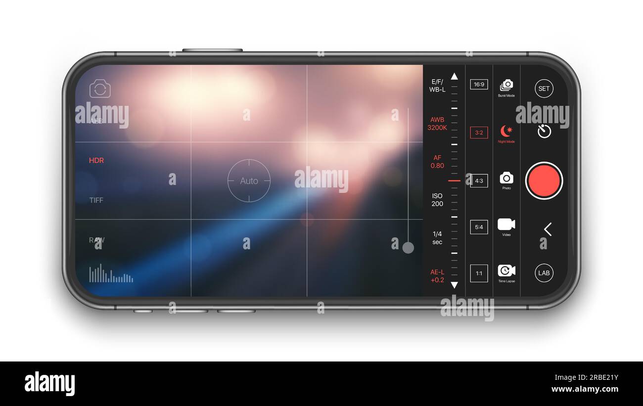 Aplicación móvil premium de cámara de fotos y video profesional con concepto de interfaz de usuario de configuración avanzada en la pantalla del teléfono inteligente Ilustración del Vector