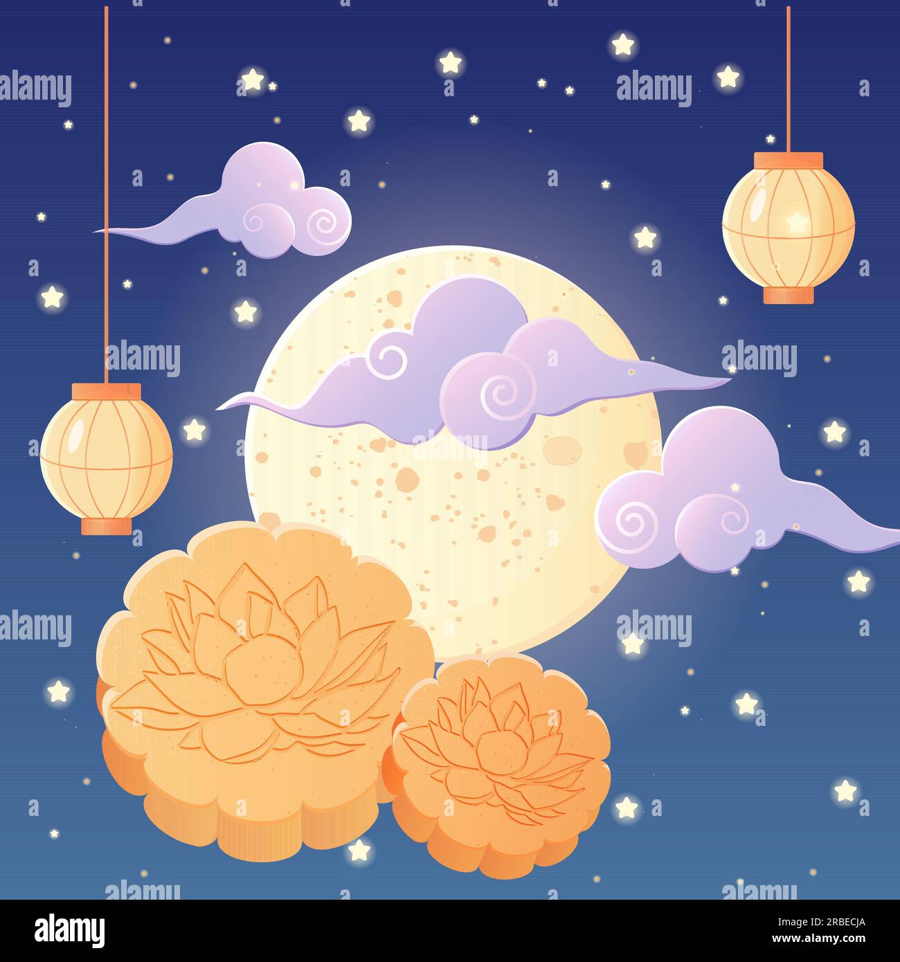 Festival de midaude, luna, linterna china, cielo estrellado y pastel de luna Ilustración del Vector