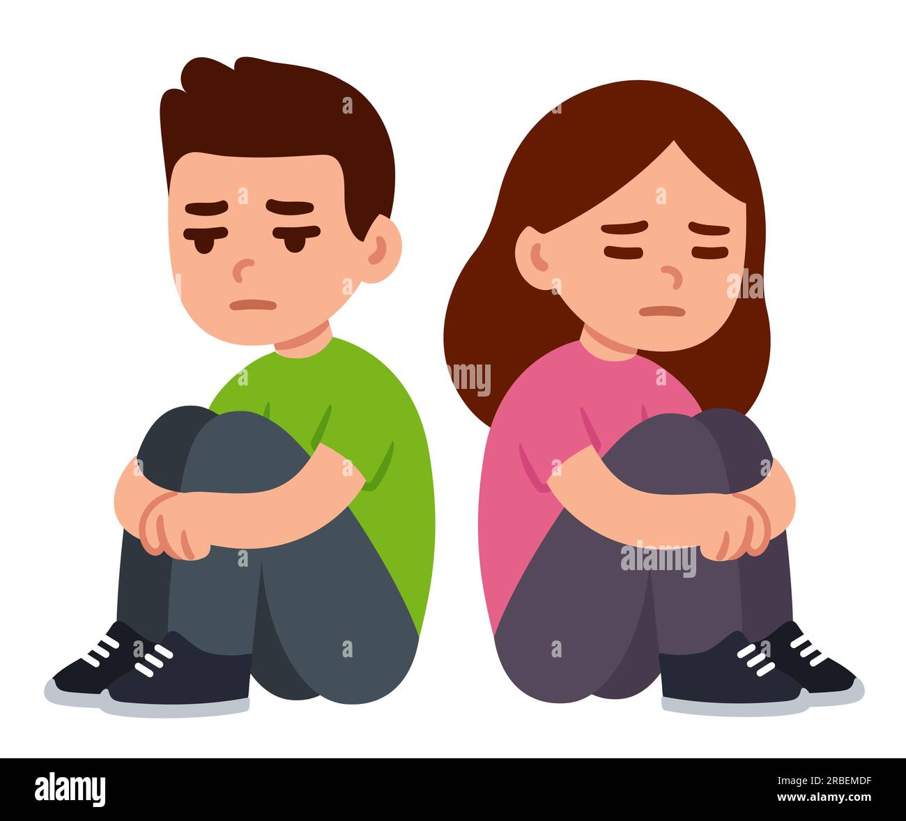 Triste adolescente deprimido niño y niña sentados en el suelo abrazando las rodillas. Simple dibujo plano de dibujos animados. Salud mental vector clip art ilustración. Ilustración del Vector