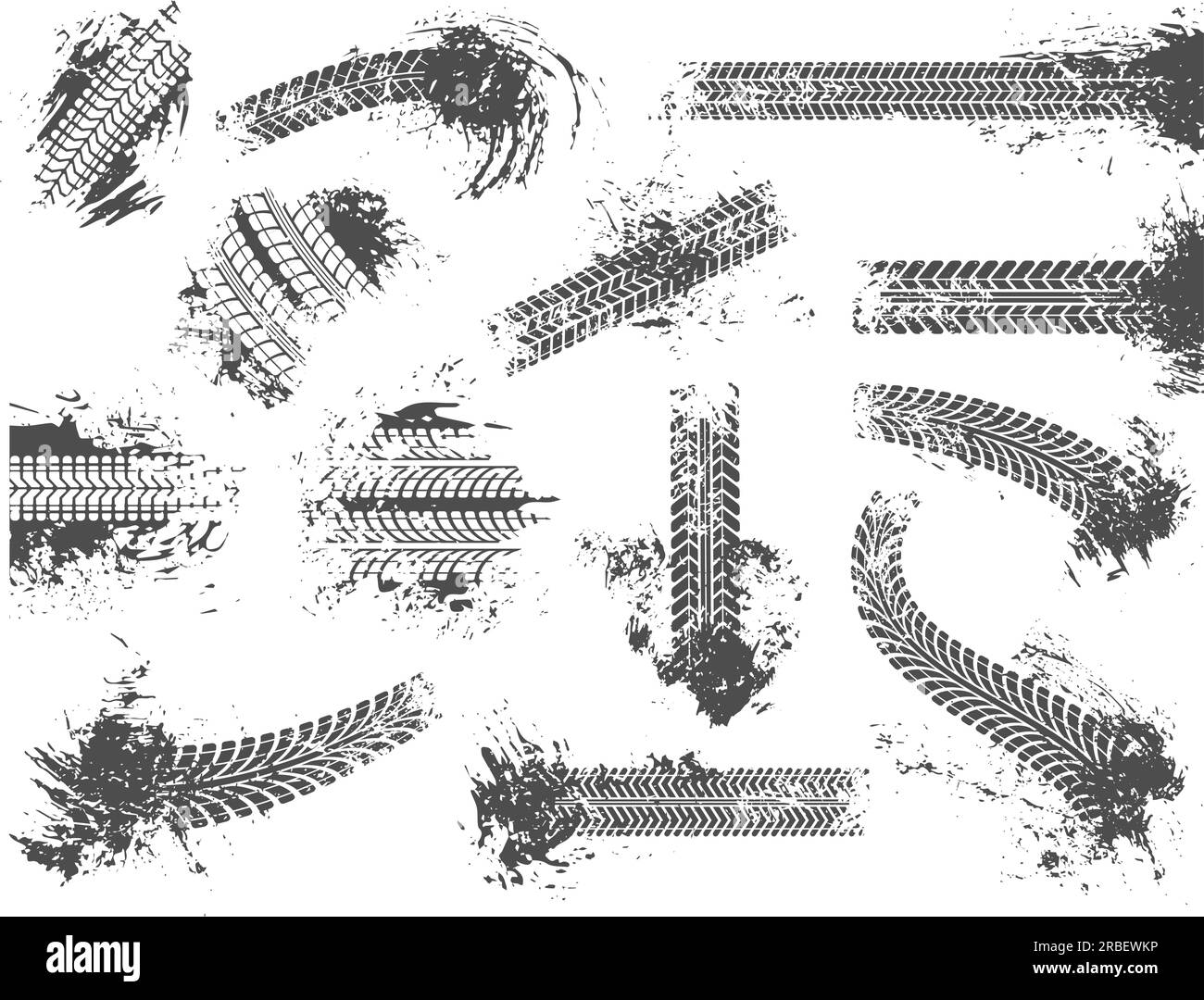 Huellas de neumáticos sucias. La pista de carreras del motor grunge, el patrón protector de los neumáticos de las ruedas y las ruedas de tierra imprimen la textura. Pistas de barro, carreras de coches marcas de bandas de rodadura sucias. Ilustración del Vector