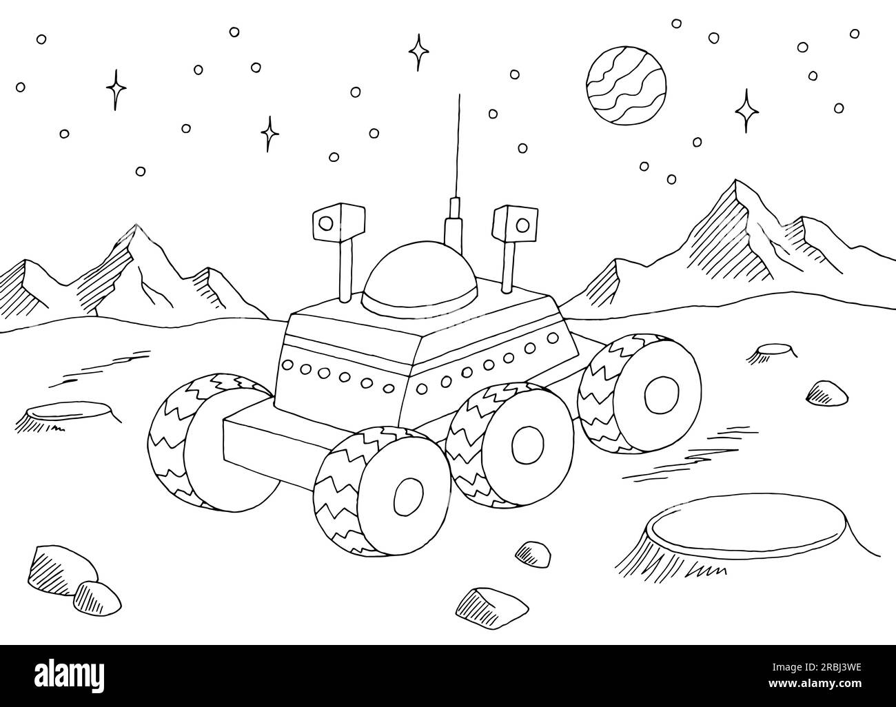 Mars rover en el vector gráfico de ilustración de boceto de paisaje de espacio blanco negro de planeta alienígena Ilustración del Vector