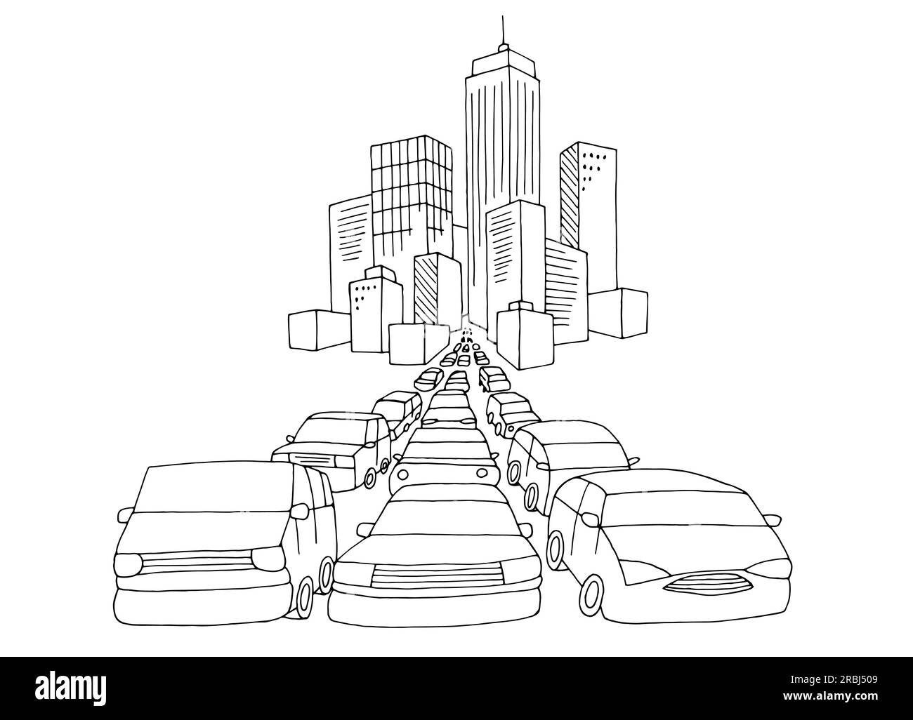 Atasco de tráfico del vector gráfico de ilustración de boceto de paisaje blanco negro de la ciudad Ilustración del Vector