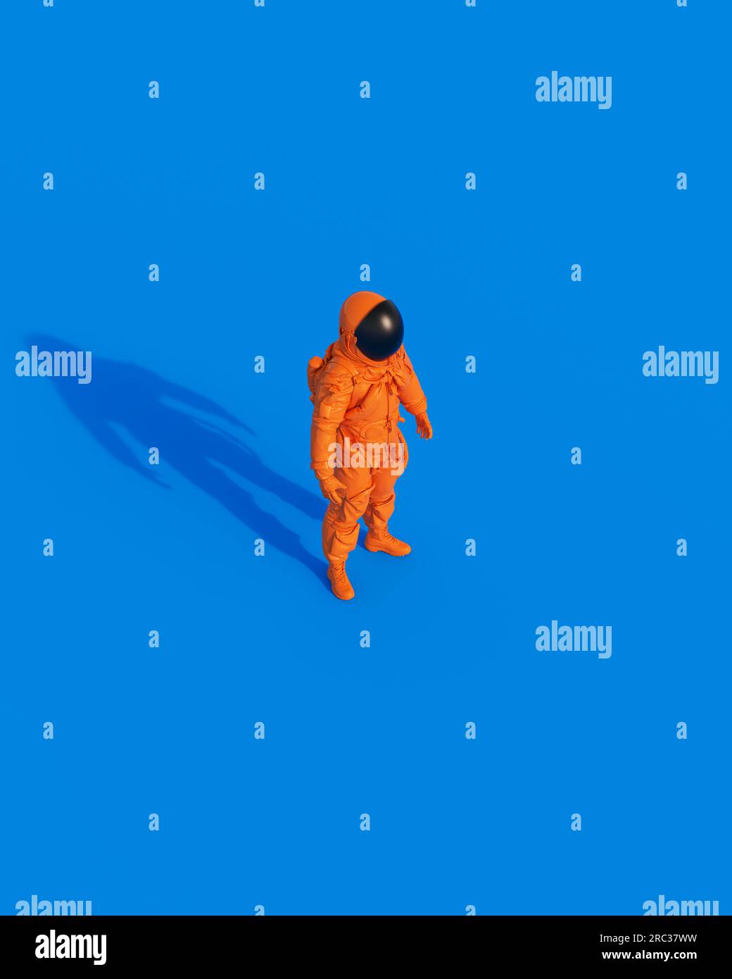 Astronauta espacial naranja traje espacial retro escape 90s 80s luz del sol gen z fondo azul 3D ilustración render digital Foto de stock
