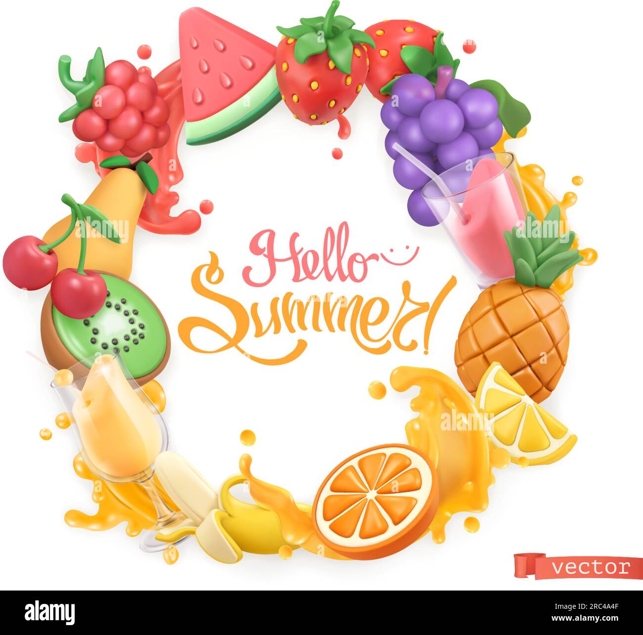 Logotipo de fruta dulce. 3d objetos vectoriales. Hola ilustración de arte plastilina de verano Ilustración del Vector