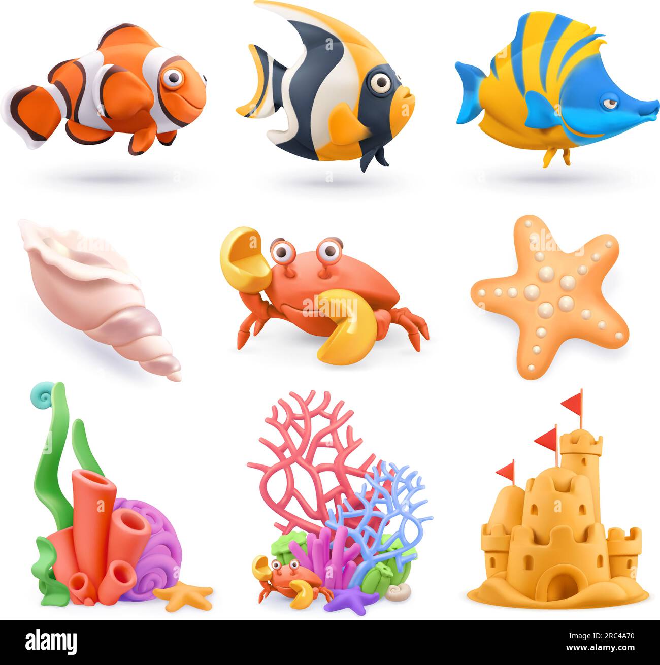Mundo submarino icono de dibujos animados conjunto. Peces tropicales, corales, castillo de arena, estrellas de mar, concha, cangrejo. 3d vector plastilina objetos de arte Ilustración del Vector