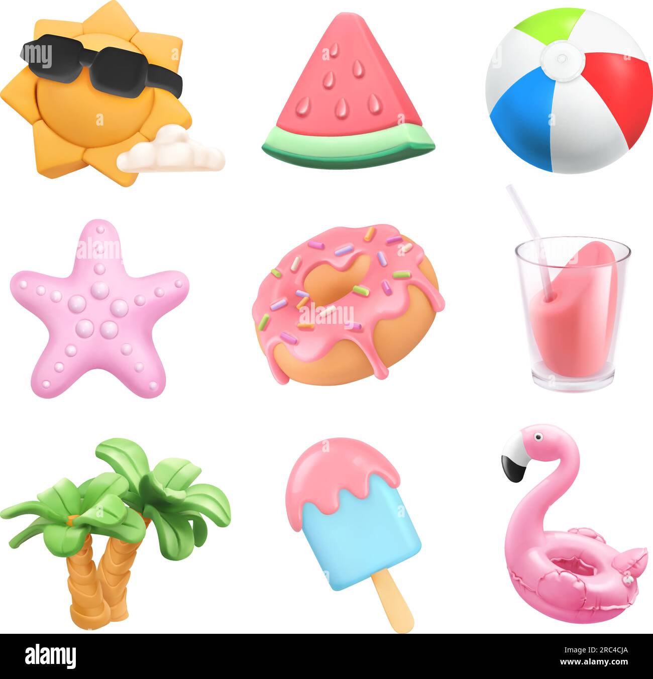 Conjunto de iconos de verano. Sol, bola, juguete inflable del flamenco, sandía, cóctel, palmeras, estrellas de mar, donut, helado. 3d vector plastilina objetos de arte Ilustración del Vector