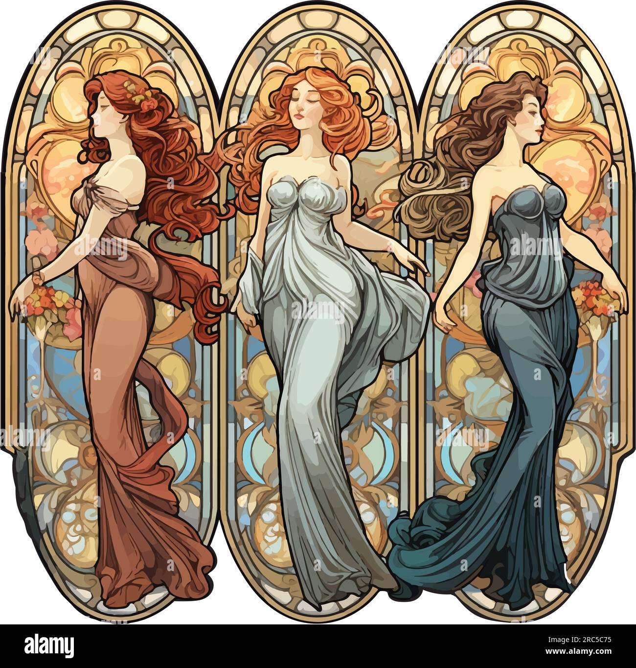 Dibujo de estilo art nouveau de tres mujeres con marcos de cartouche, musas griegas Ilustración del Vector