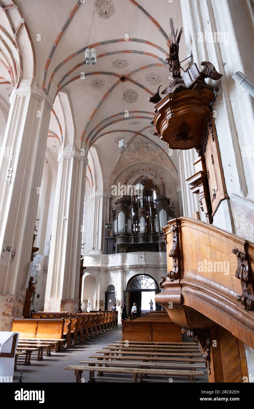 Interior de la Iglesia católica romana de San Francisco y San Bernard (también conocido como Iglesia Bernardina) en Vilna con órgano y púlpito Foto de stock