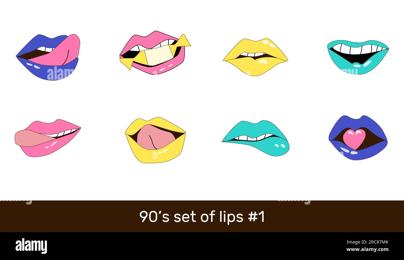 90-s conjunto de labios en un estilo de dibujos animados Ilustración del Vector