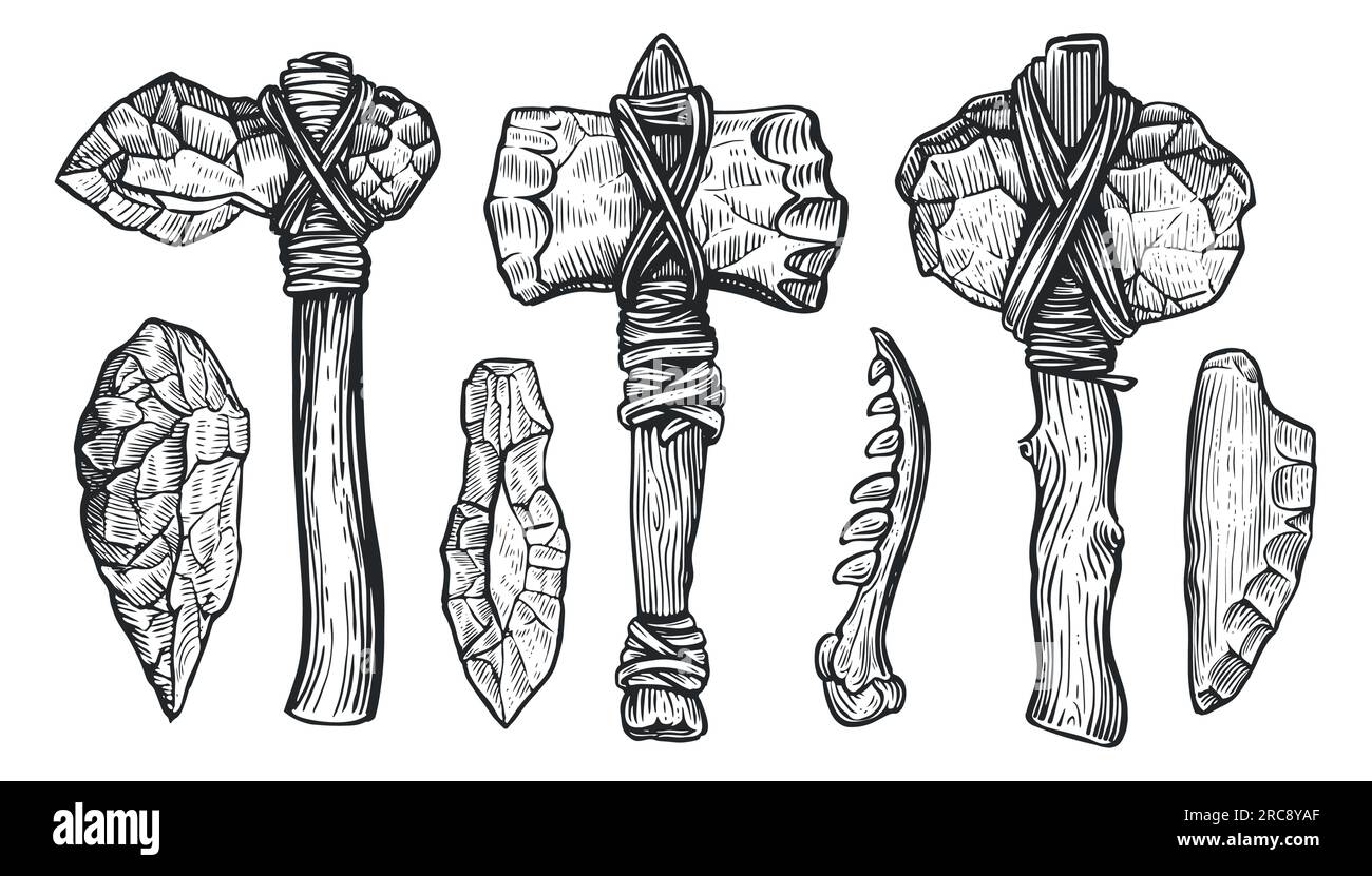Herramientas de la edad prehistórica y conjunto de armas. Hacha de piedra de un hombre primitivo. Ilustración vectorial de croquis Ilustración del Vector