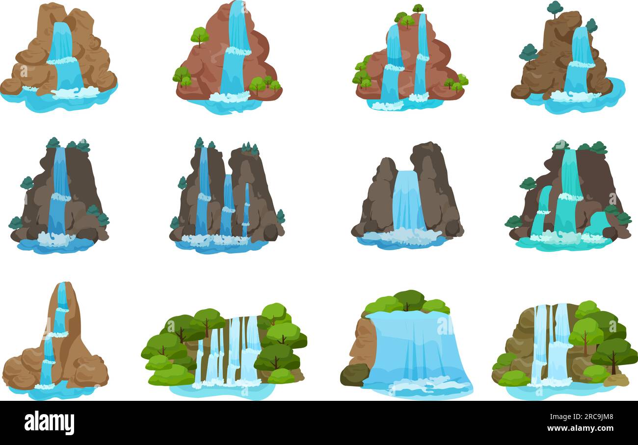 Iconos de cascada conjunto vector de dibujos animados. Caída de etapa Ilustración del Vector