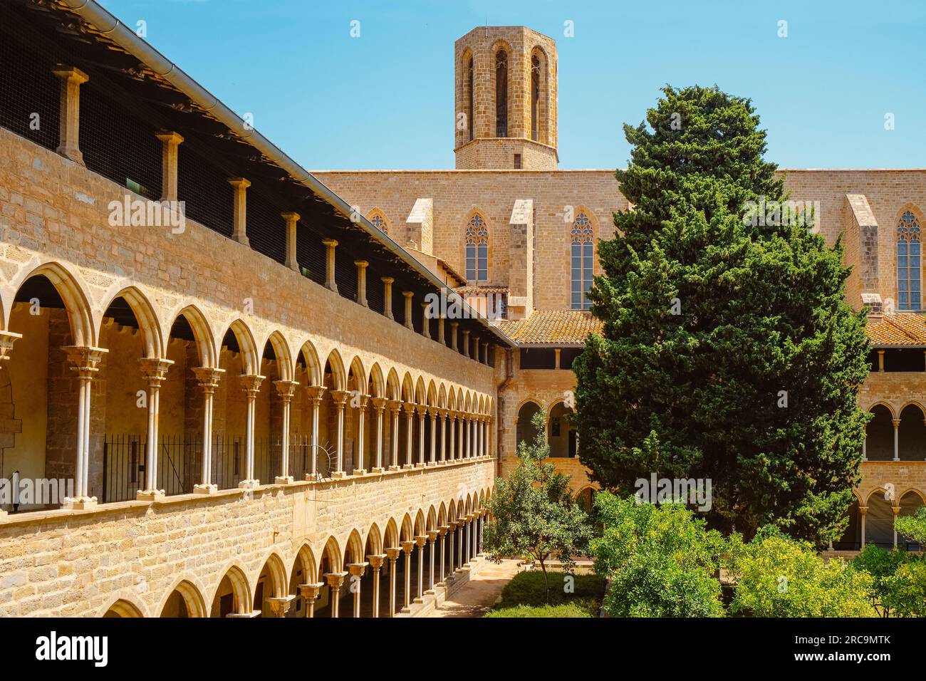 Un detalle del claustro del Monasterio de Pedralbes, en Barcelona, Cataluña, España, en un día de verano Foto de stock