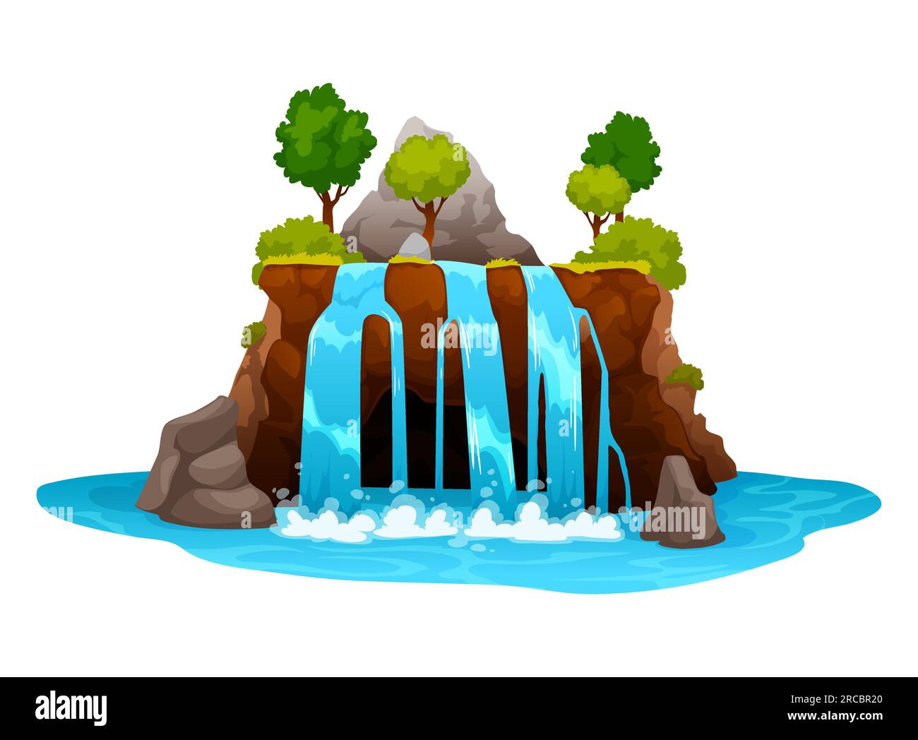 Cascada de dibujos animados y cascada de agua. Vector salpicando arroyos y chorros que caen de la roca con exuberante vegetación verde. Flujos múltiples aislados, entorno natural o decoración del parque con plantas de verano Ilustración del Vector