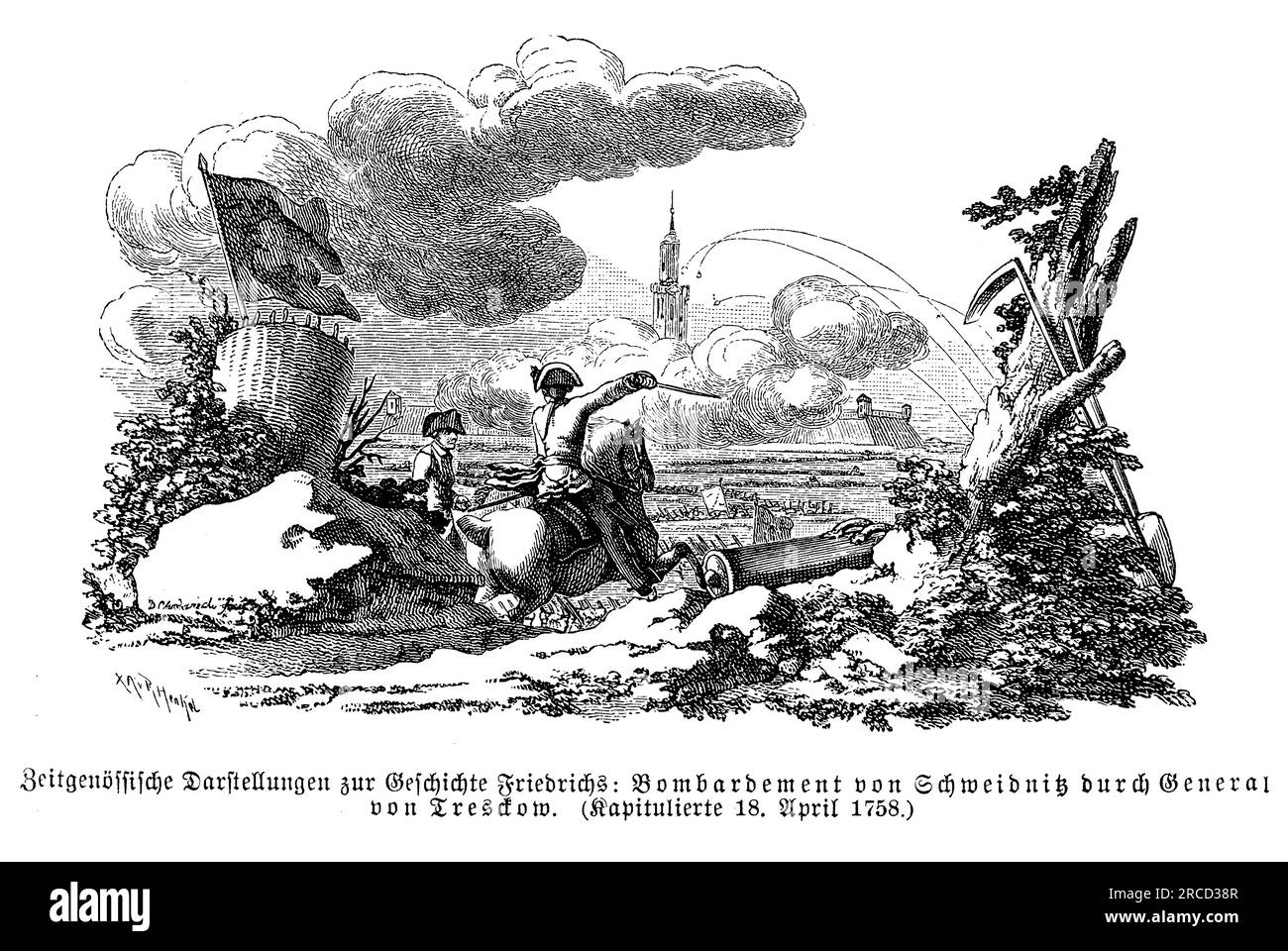 Bombardeo y asedio de la ciudad de Schweidnitz de las tropas prusianas de Federico el Grande bajo el liderazgo del general von Tresckow Foto de stock