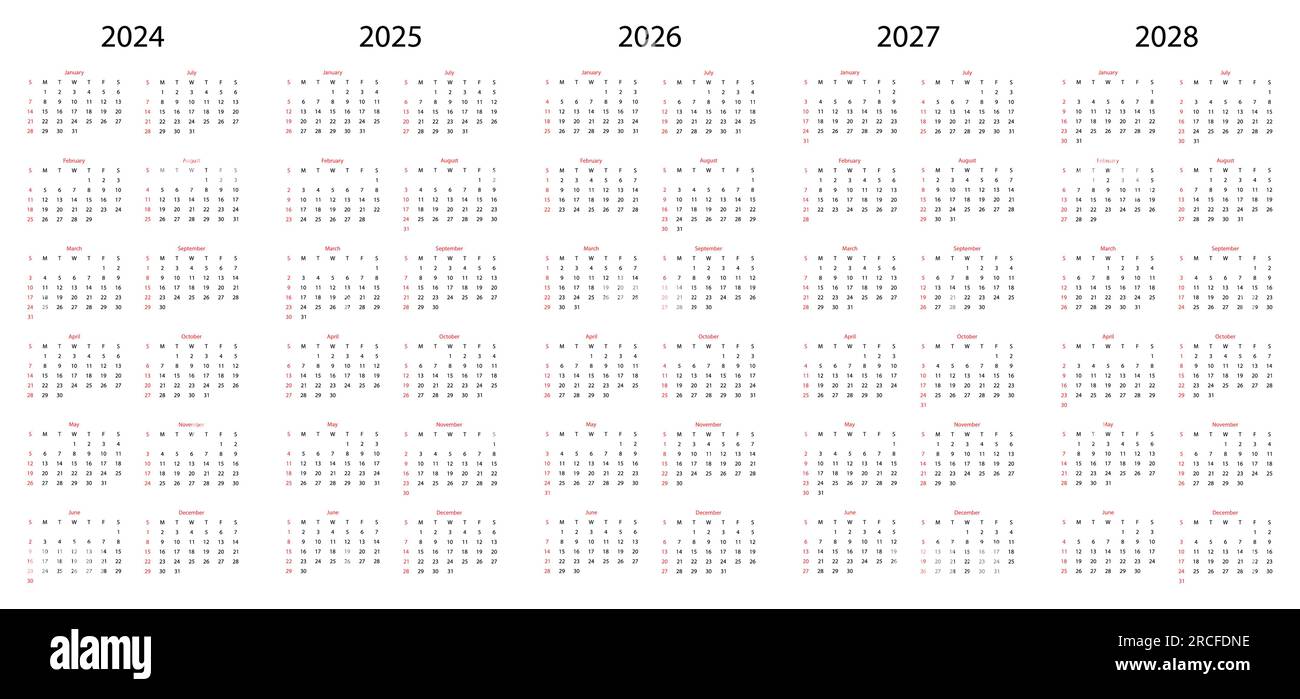 calendario de 2025, 2025, 2026, 2027, 2028 años. La semana comienza el lunes. Plantilla de