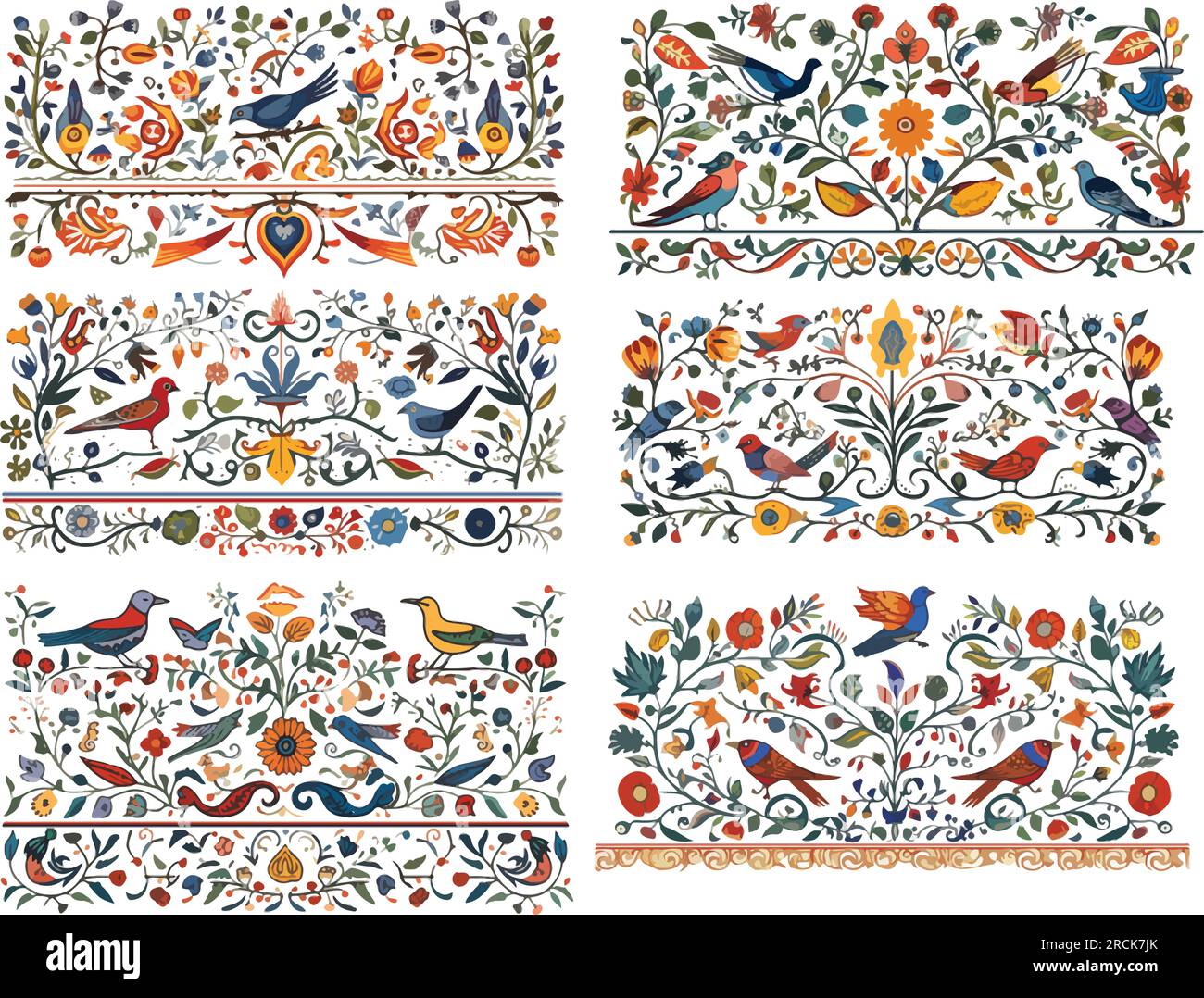 Conjunto de seis elementos de diseño vectorial con aves, vides y flores, estilo medieval iluminado Ilustración del Vector