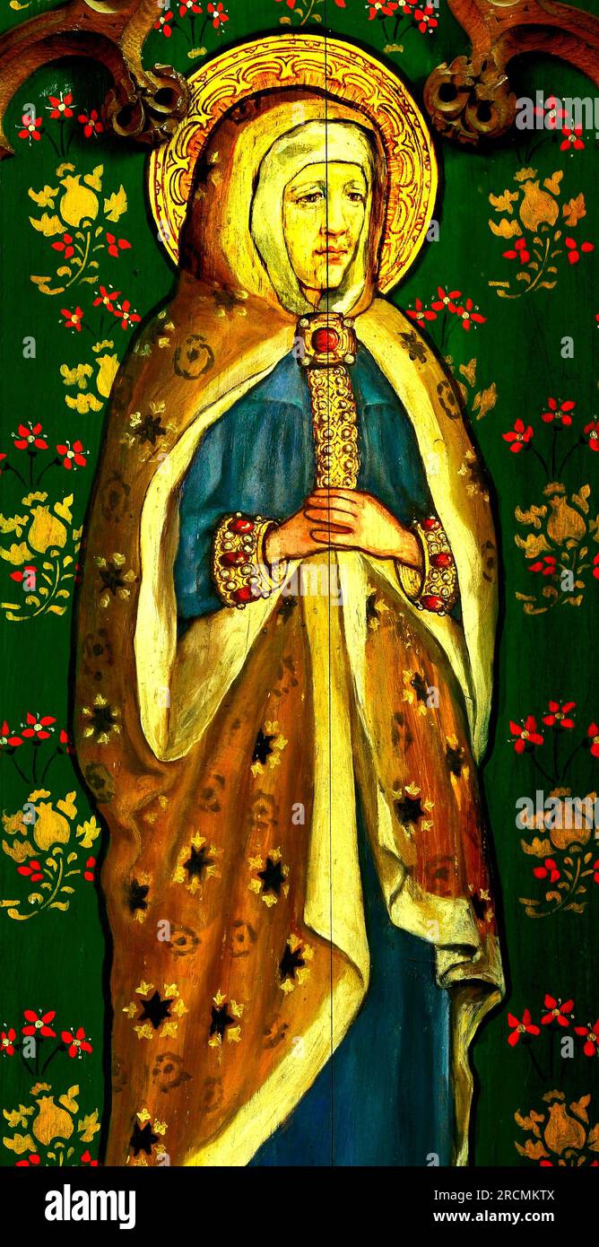 Santa Isabel, madre de Juan el Bautista, pintó panel de madera sobre retablos, por Ellen Woodward, iglesia de Langham, Norfolk, Inglaterra, REINO UNIDO Foto de stock