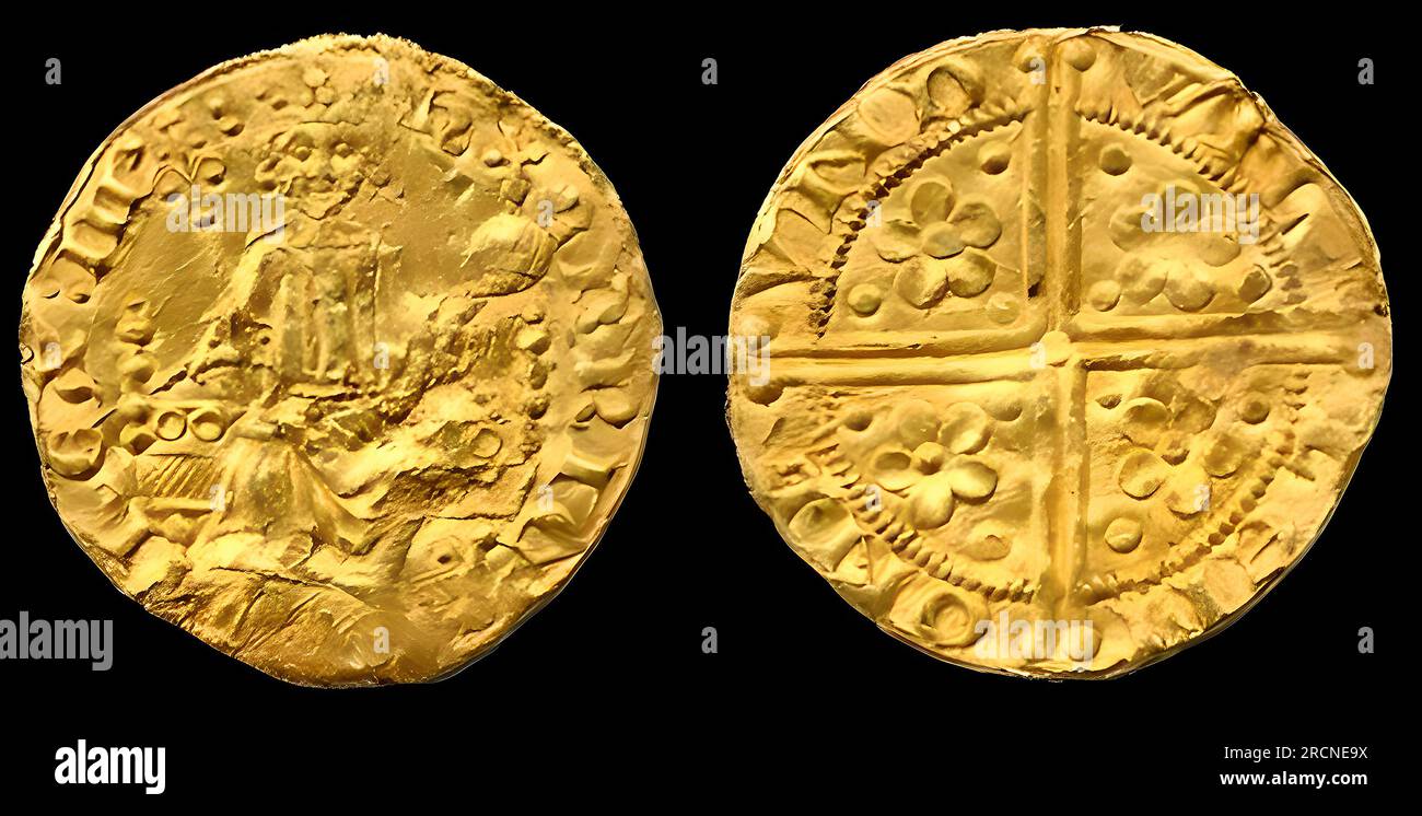 Monedas fotográficas Inglaterra, penique de oro, Enrique III, siglo XII Foto de stock