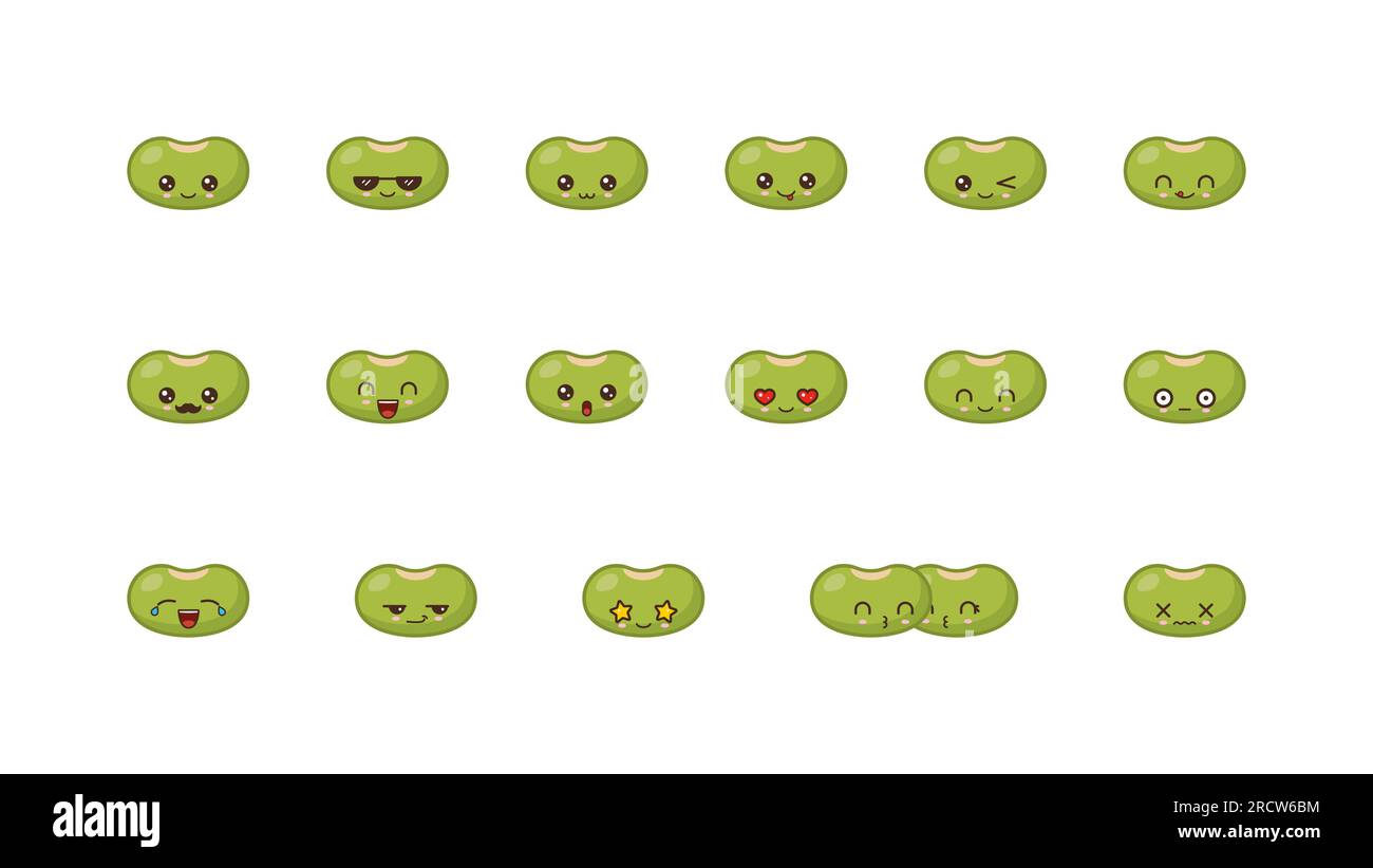 Frijoles cute kawaii mascota. Establecer kawaii comida rostros expresiones sonrisa emoticonos. Ilustración del Vector