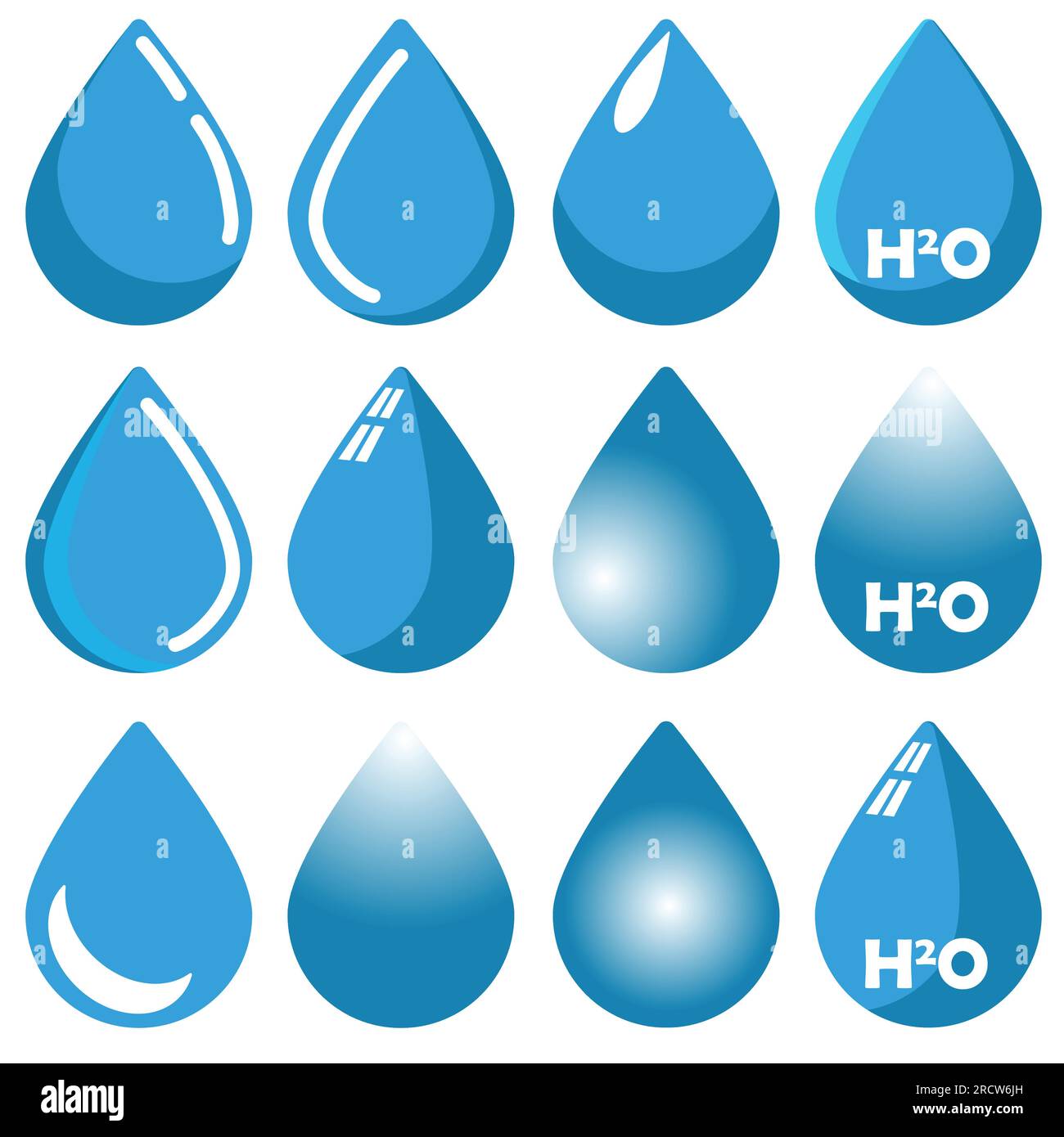 Vector de gota de agua, formas de logotipo plano. Colección de 12 iconos de gotas de agua Ilustración del Vector