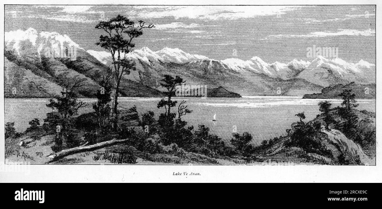 Grabado del lago Te Anau, Fiordland, Nueva Zelanda, circa 1880 Foto de stock