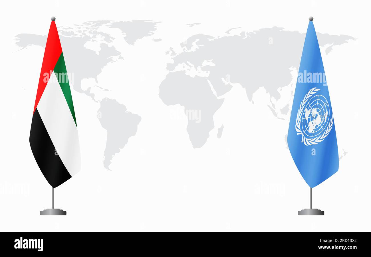 Banderas de los Emiratos Árabes Unidos y las Naciones Unidas para la reunión oficial en el contexto del mapa del mundo. Ilustración del Vector