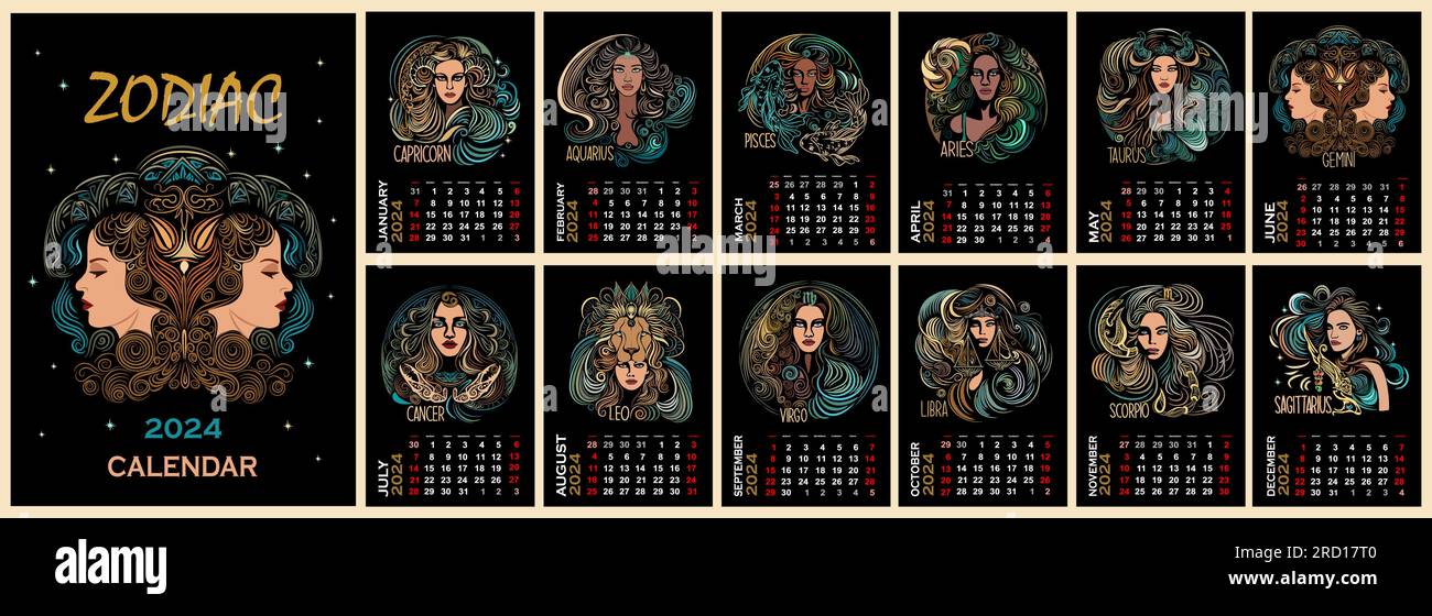 Plantilla de calendario del zodiaco para arte vectorial 2024 Imagen