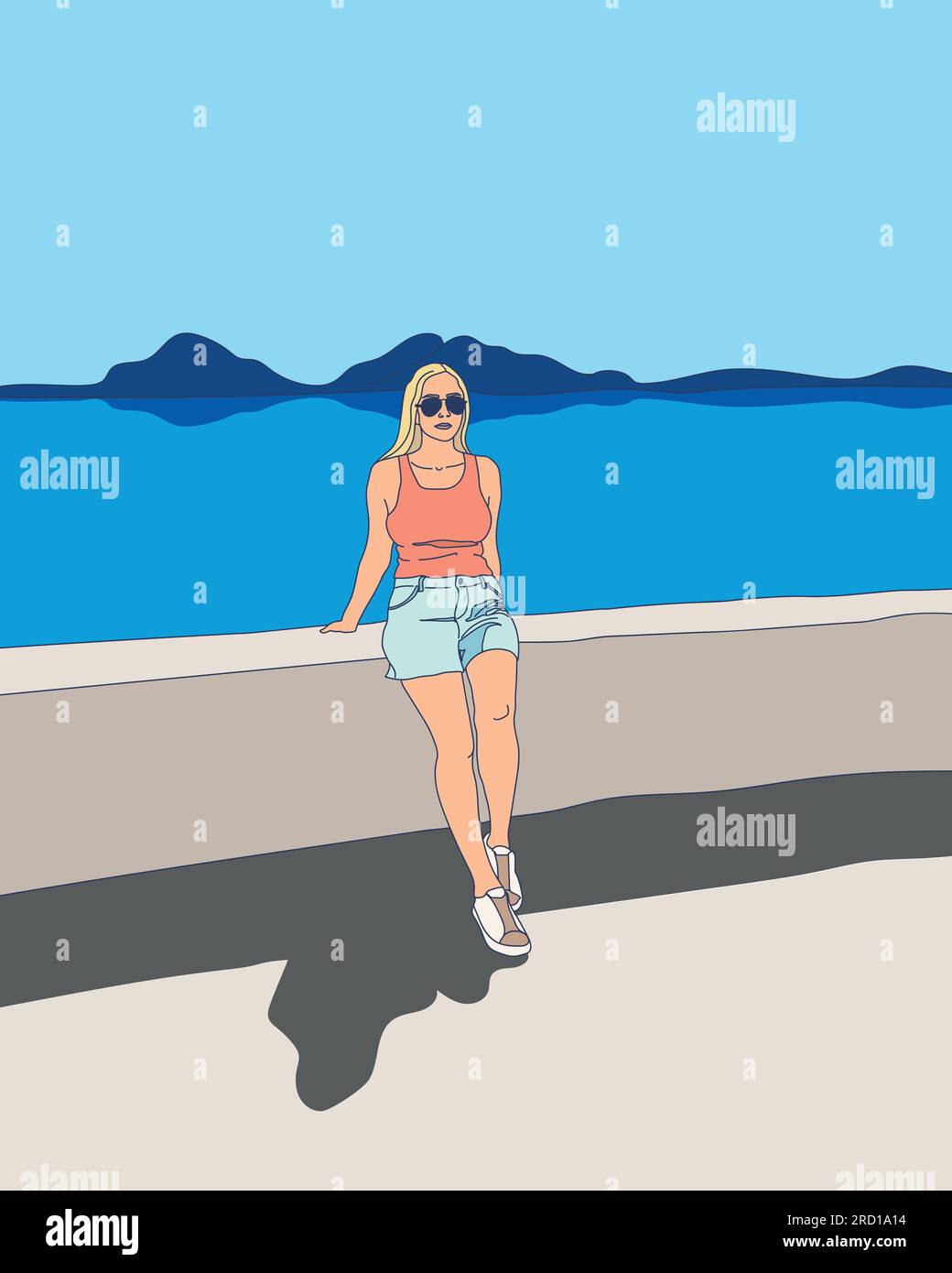 Chica rubia se encuentra en el paseo marítimo junto al mar. Ambiente de mar de verano. Ilustración vectorial Ilustración del Vector