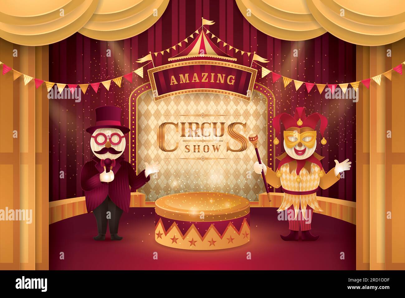 Espectáculo de circo increíble, escenario de cortinas doradas con marco de circo Bordor, Barker de circo con sombrero, gafas y bigote, máscara de bufón veneciano, buntin triángulo Ilustración del Vector