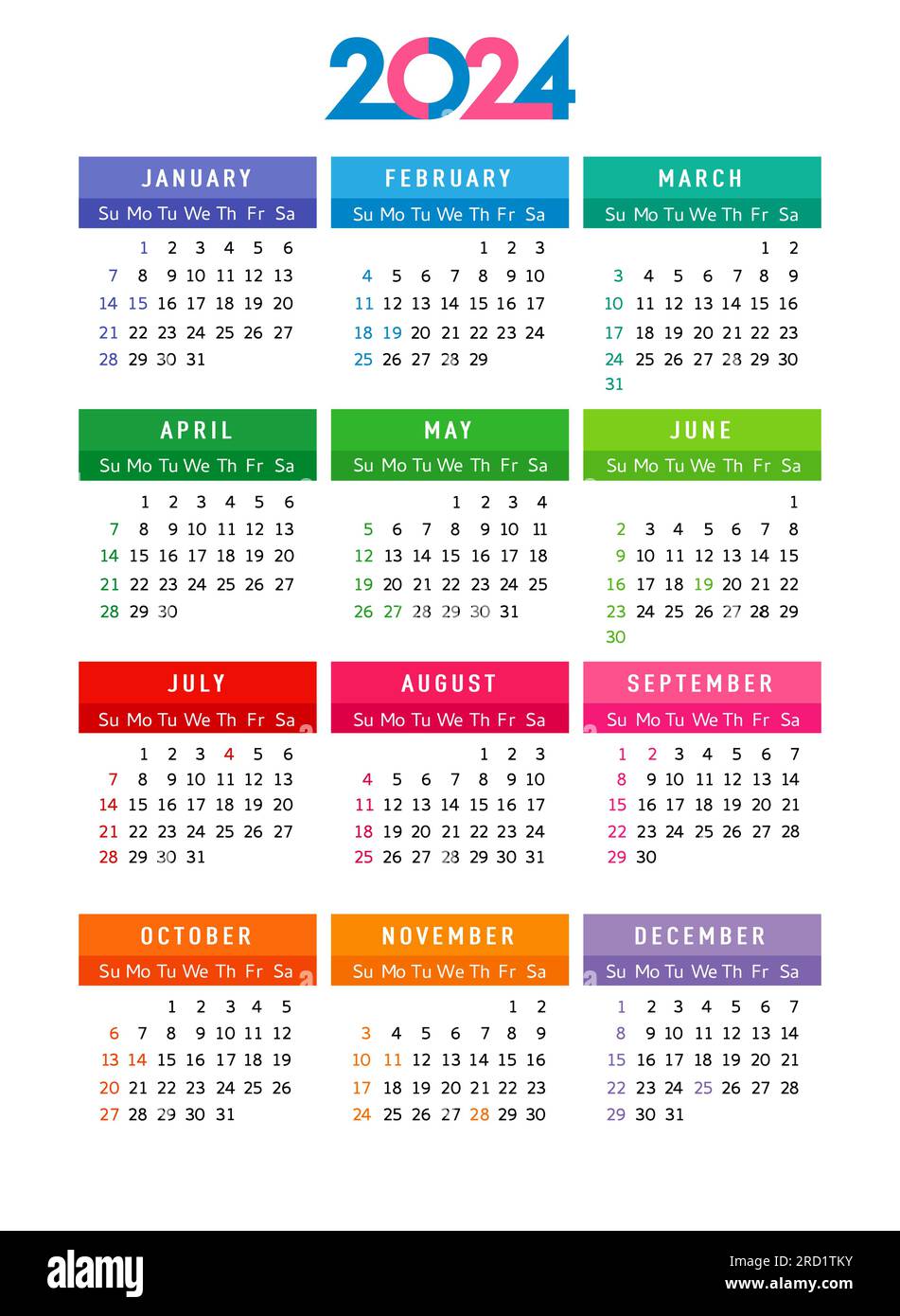Calendario 2024 año, plantilla editable semana comienza el domingo con