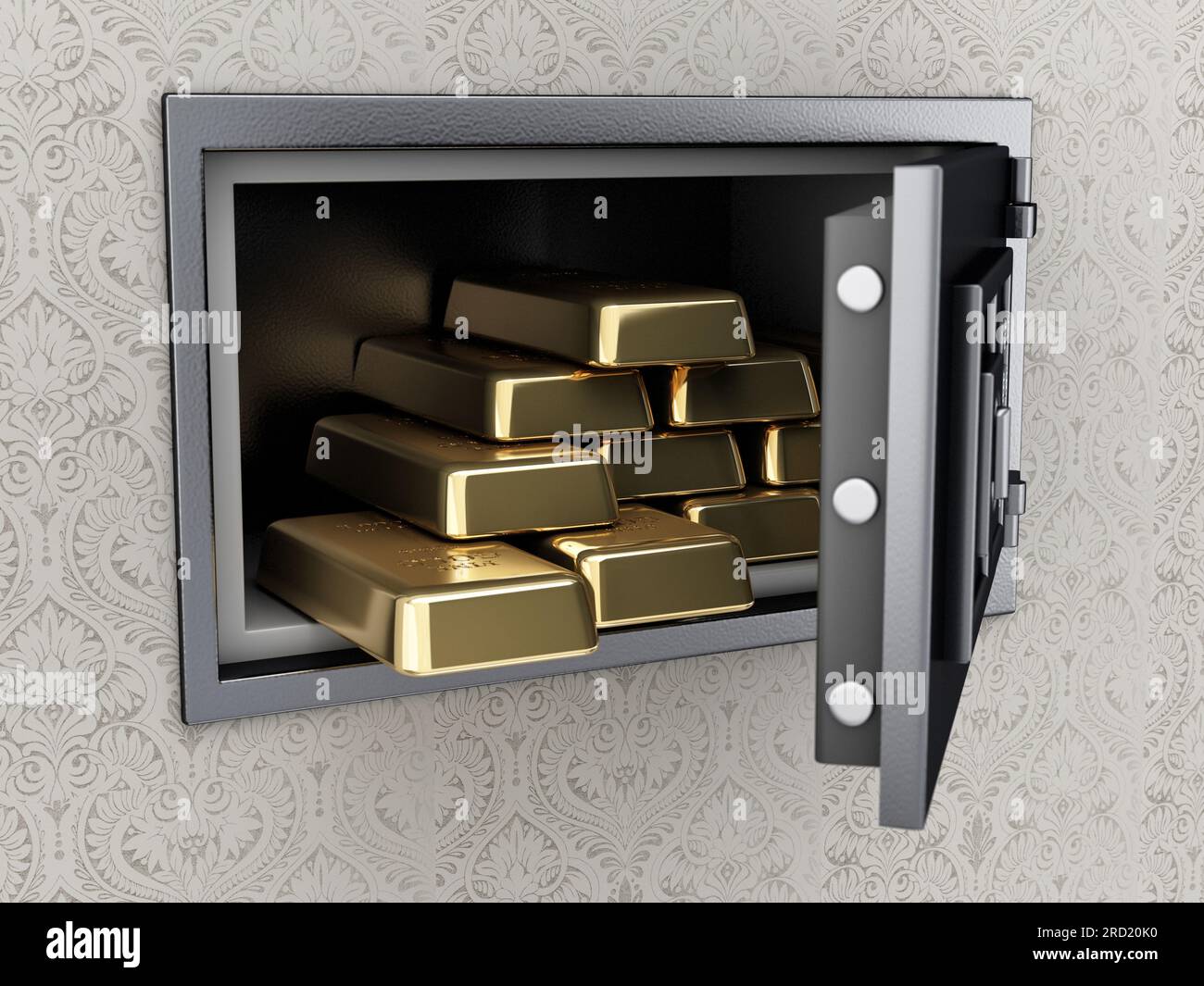 Caja fuerte de pared abierta llena de lingotes de oro montados en