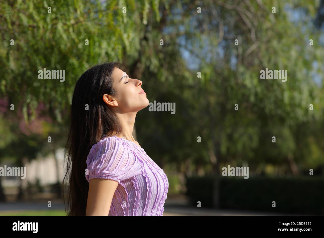 Perfil de una mujer relajada en un parque respirando aire fresco Foto de stock