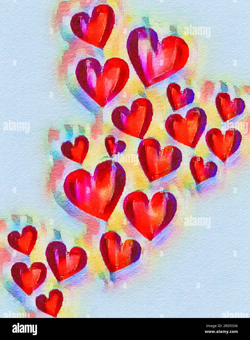 Los corazones, los rojos, se ven en una ilustración de pintura de acuarela. Foto de stock