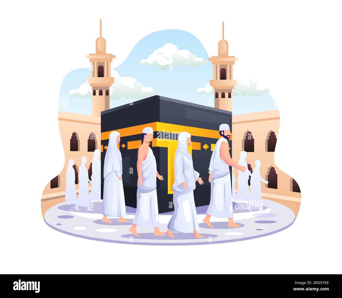 Peregrinación islámica del hayy. La gente está caminando alrededor de la Kaaba. Ilustración vectorial plana Ilustración del Vector