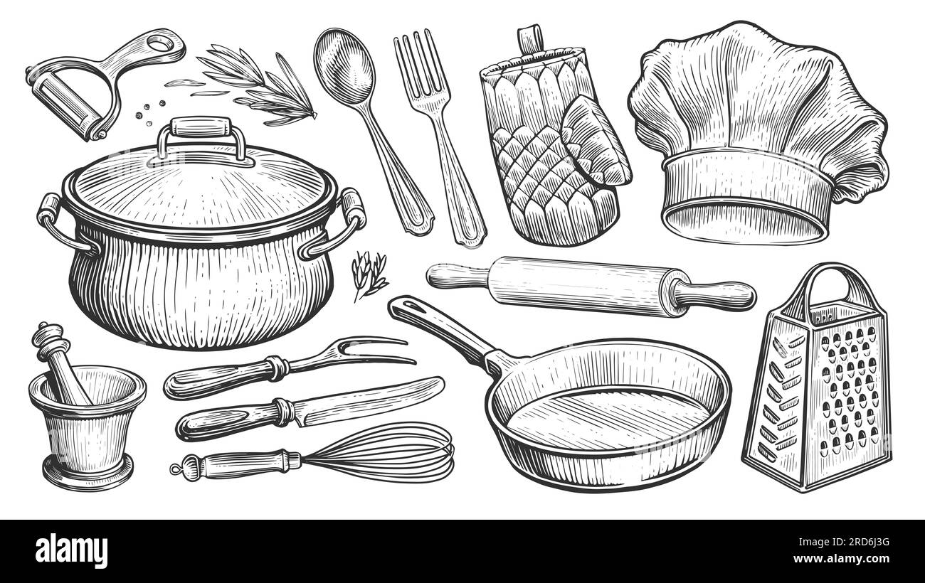 https://c8.alamy.com/compes/2rd6j3g/conjunto-de-utensilios-de-cocina-para-cocinar-concepto-de-comida-boceto-ilustracion-vintage-para-restaurante-o-menu-de-cena-2rd6j3g.jpg