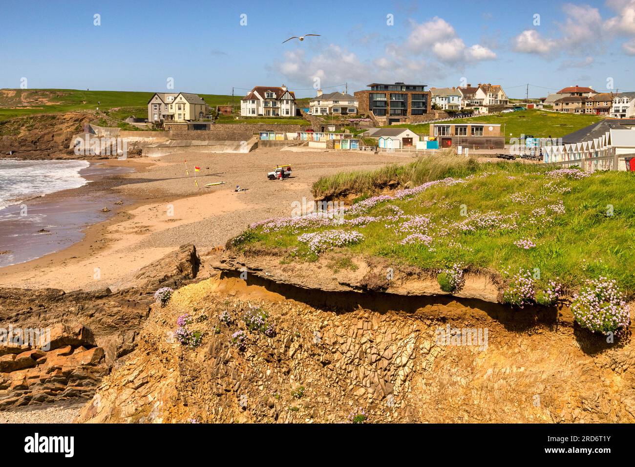 15 de mayo de 2023: Crooklets Beach, Bude, Cornualles - Soleado día de primavera en Crooklets Beach, Bude, Cornualles, con florecimiento marino en el acantilado. Foto de stock