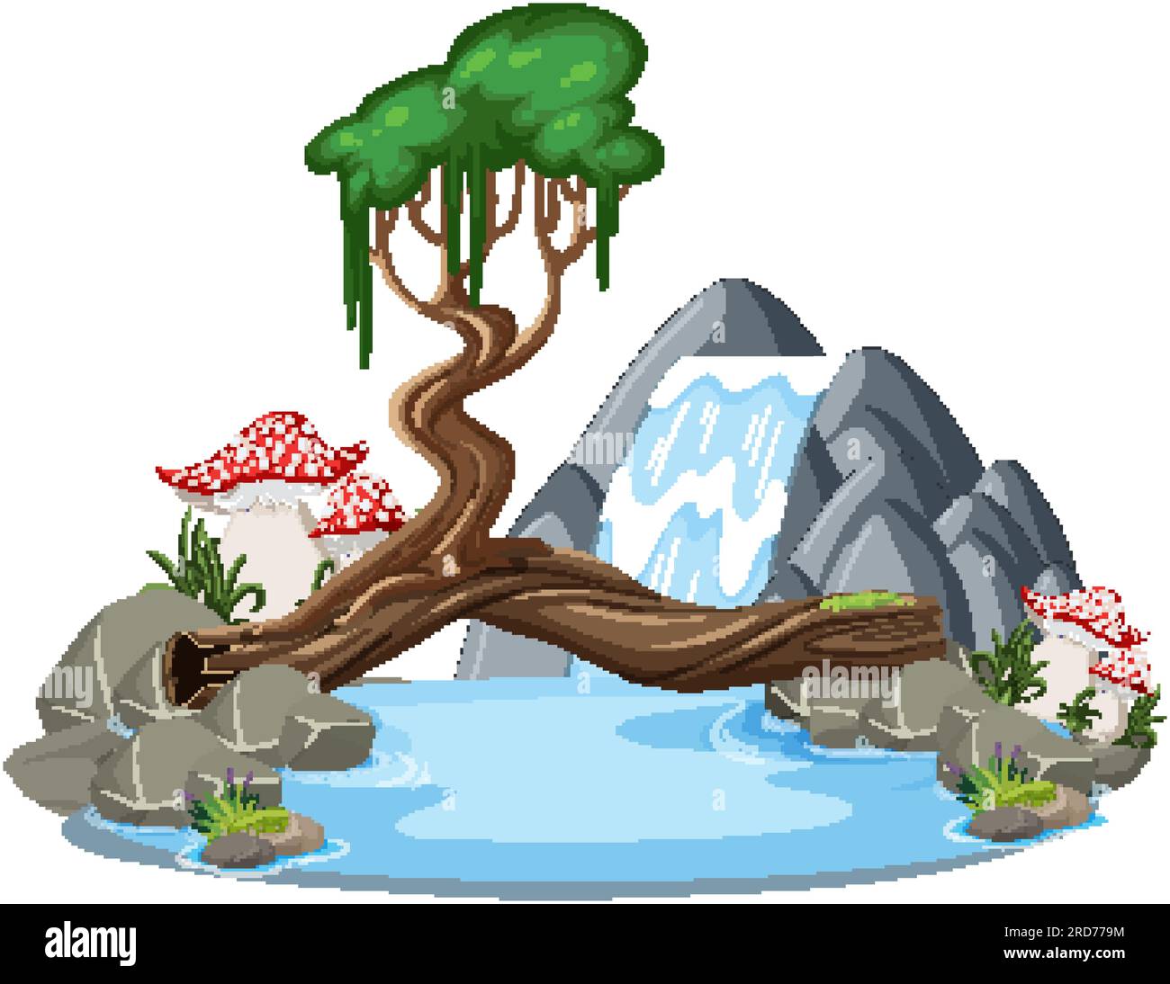 Cascada con árbol en ilustración de estilo de dibujos animados Ilustración del Vector