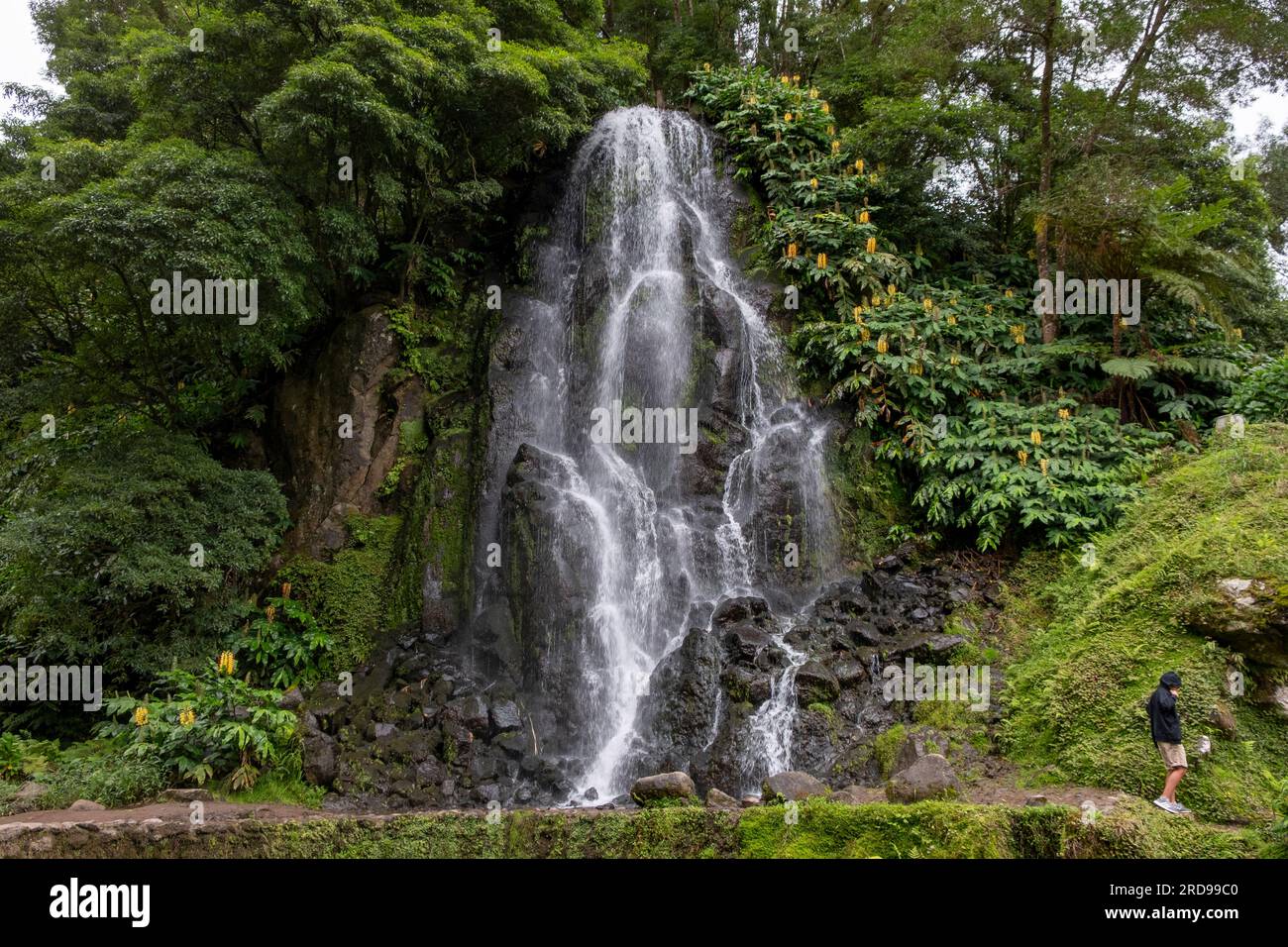 Nordeste, Azores - 07.09.2019: Cascada en el Jardín Botánico de Ribeira do Guilherme en Nordeste, isla Sao Miguel en las Azores. Foto de stock