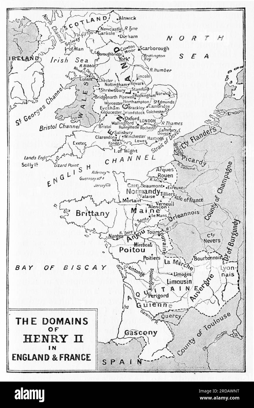 Mapa de los dominios de Enrique II en Inglaterra y Francia, publicado a finales del siglo XIX Foto de stock