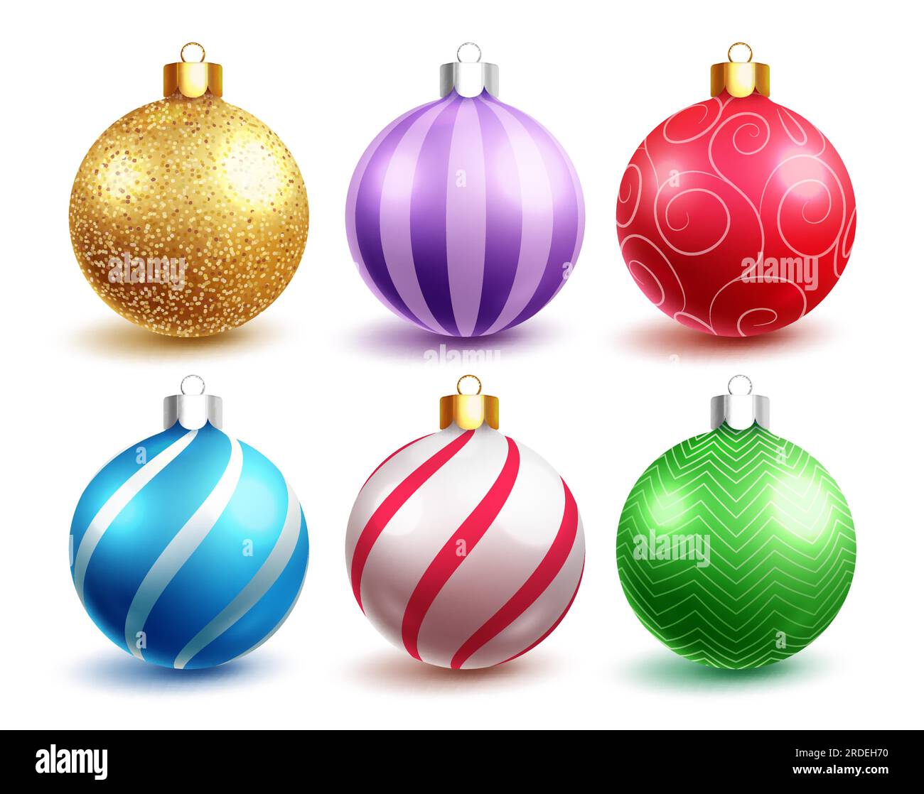 Navidad coloridas bolas vector set diseño. Adornos de bola de Navidad en  brillo, raya y objeto de forma redonda brillante aislado en fondo blanco  Imagen Vector de stock - Alamy