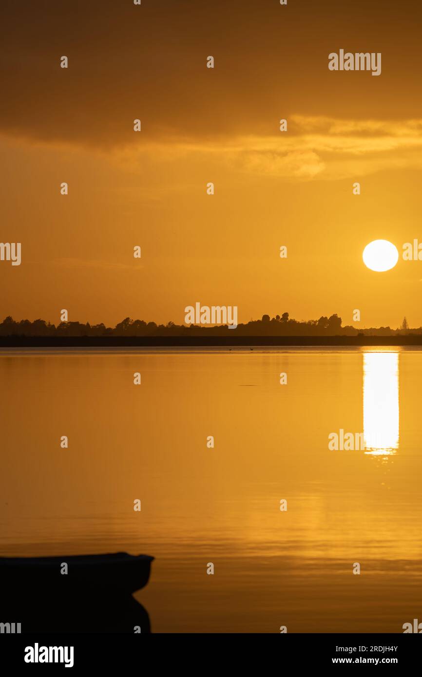 Amanecer dorado con resplandor de sol redondo elevándose sobre el horizonte a través de la bahía. Foto de stock