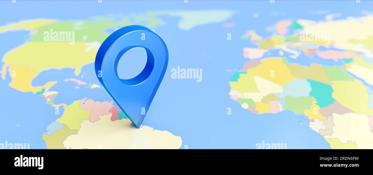 Mapa del mundo y ubicación del puntero del pin azul, concepto de GPS de navegación de viaje. renderizado 3d Foto de stock