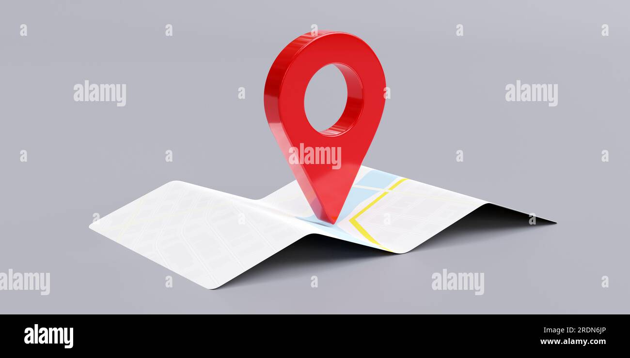 Mapa de la ciudad y ubicación del puntero del pin rojo aislado en gris, concepto GPS de navegación de viaje. renderizado 3d Foto de stock