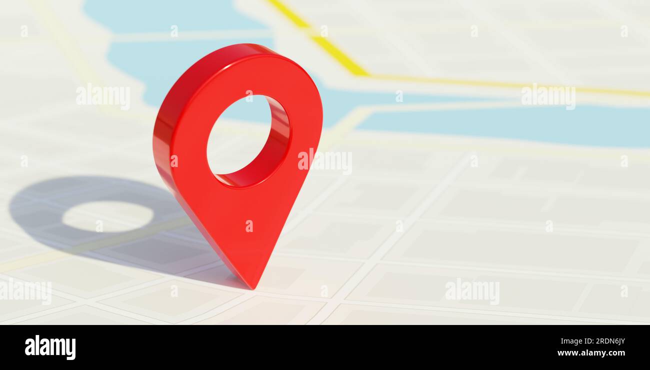 Mapa de la ciudad y ubicación del puntero rojo. Concepto de GPS de navegación de viaje. renderizado 3d Foto de stock