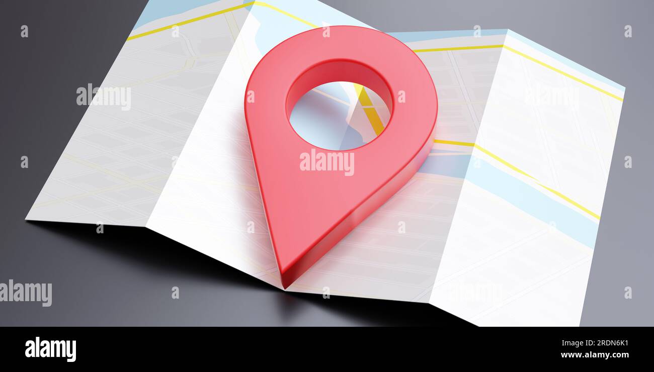 Ubicación del puntero del pin rojo en la vista de primer plano del mapa de la ciudad, concepto de GPS de navegación de viaje. renderizado 3d Foto de stock