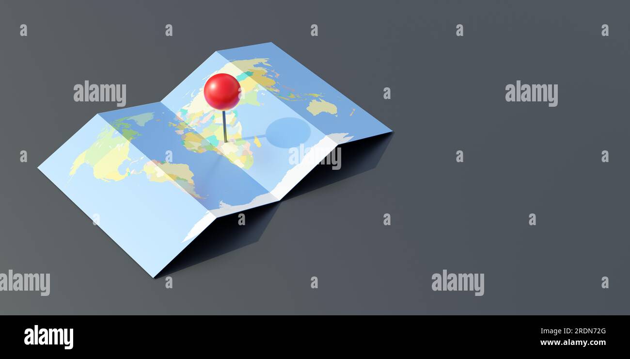 Ubicación del puntero del pin rojo en el mapa del mundo por encima de la vista, concepto de GPS de navegación de viaje. renderizado 3d Foto de stock