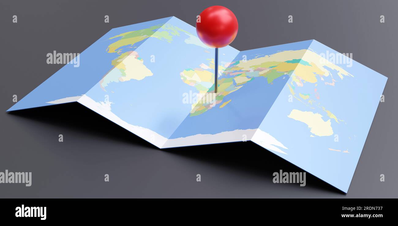 Ubicación del puntero del pin rojo en el mapa del mundo por encima de la vista, concepto de GPS de navegación de viaje. renderizado 3d Foto de stock