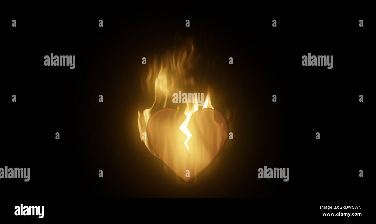 Ardiente abstracto en un corazón amante de la llama roto del amor con una grieta en un fondo negro. Foto de stock